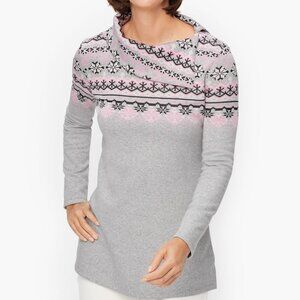 Talbots L Button Shoulder Fair Isle Pullover Sweatshirt Split Cowl Neck Snowflak